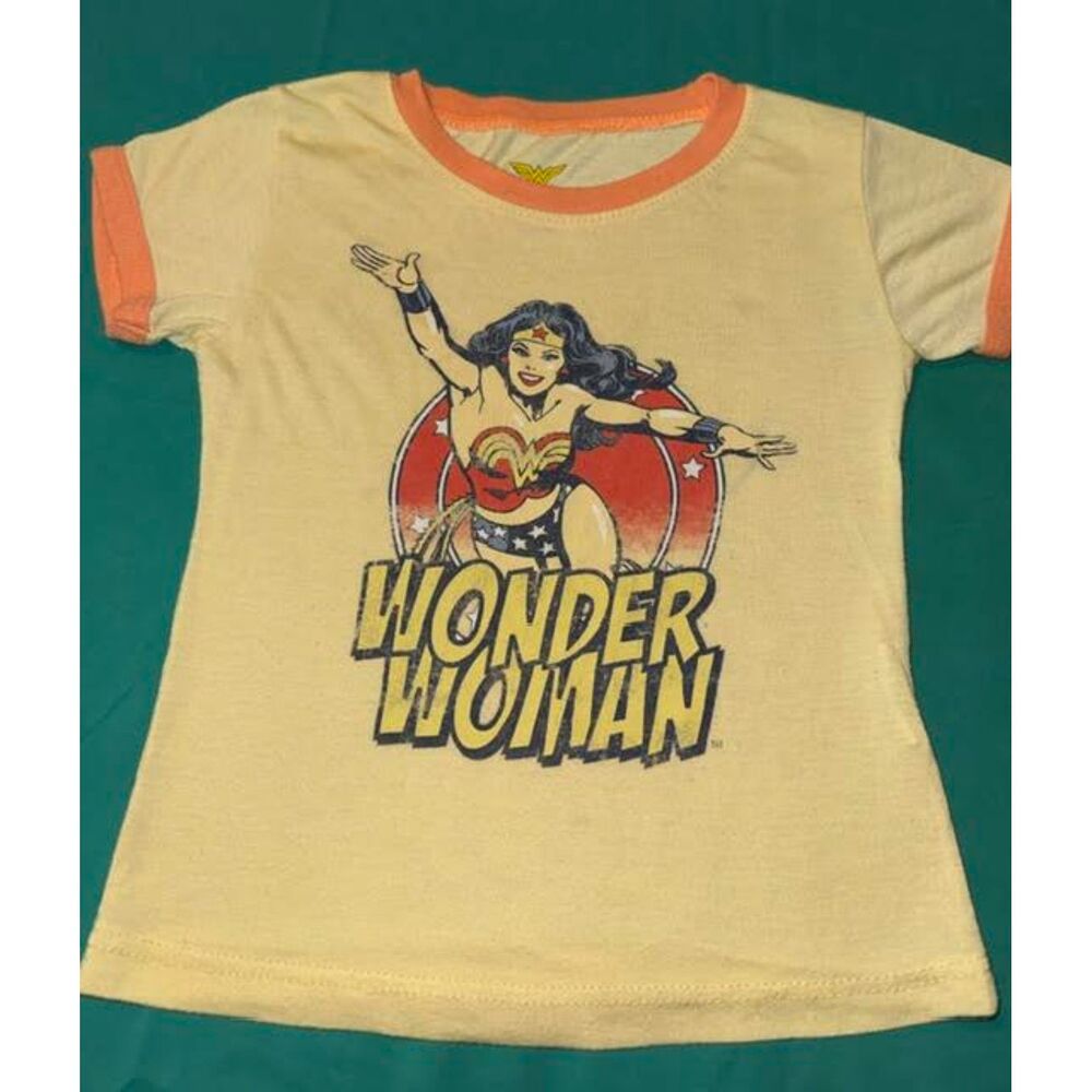 VTG Style Wonder Woman Toddler Ringer Tee Yellow Orange Comic Graphic - 2T